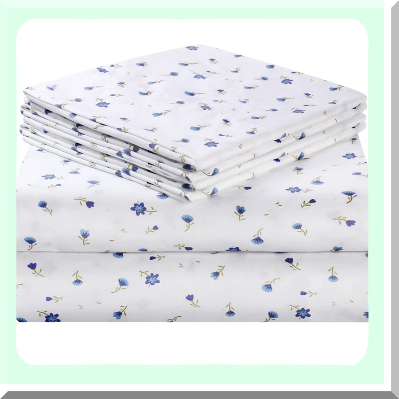 Blue Floral Brushed Microfiber Bedding Set - 6 Piece Printed Size Sheets, Deep Pocket, Wrinkle & Fade Free, Extra Soft 1800 Pattern Sheets