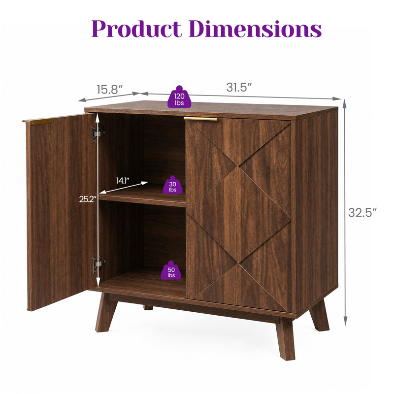 Armoire Mid-Century moderne 31,5 "avec portes à motif de losanges, buffet à 2 portes pour le salon, la cuisine et le vestibule