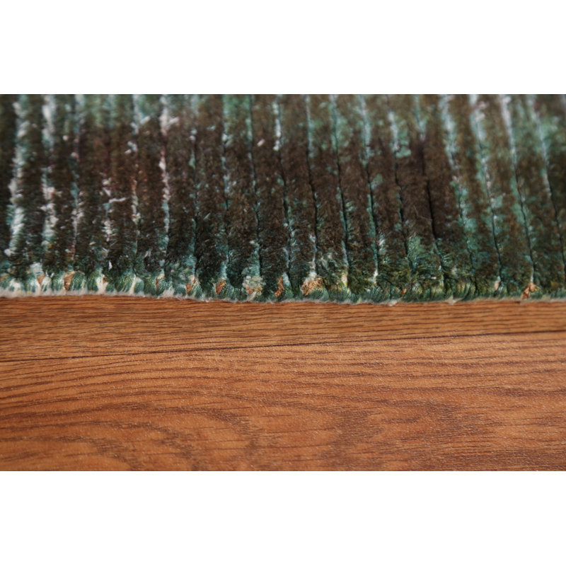 Tapis unique en soie noué à la main 4 pi 7 po x 6 pi 6 po nouvel âge en vert foncé / or / ivoire / brun