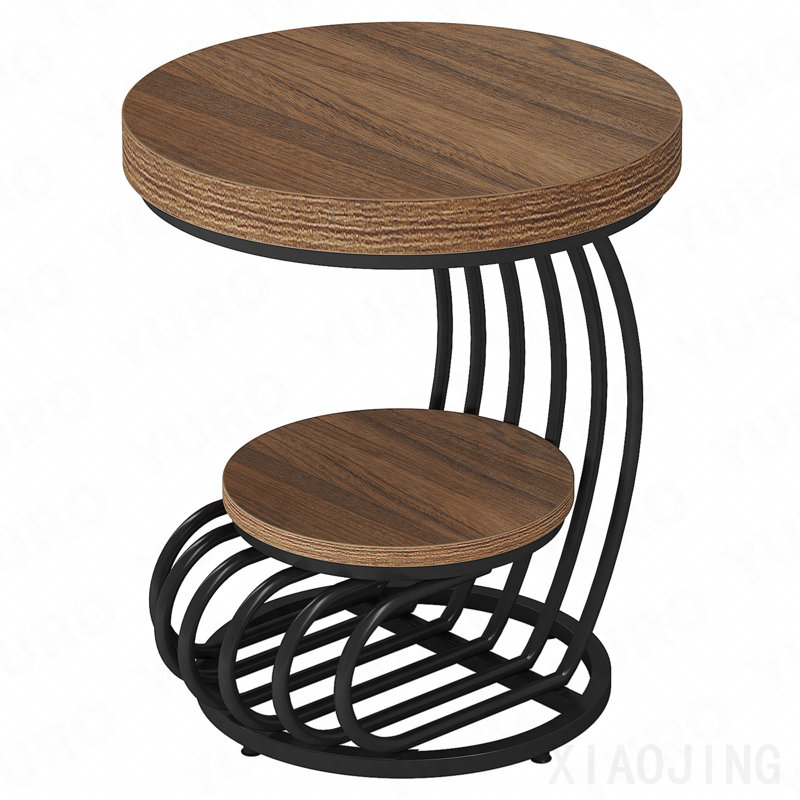 Table de bout ronde 19,68 po avec rangement à 2 niveaux - table d'appoint brun clair avec structure en métal arqué, table de chevet compacte ou table d'appoint pour le salon, la chambre à coucher et les petits espaces