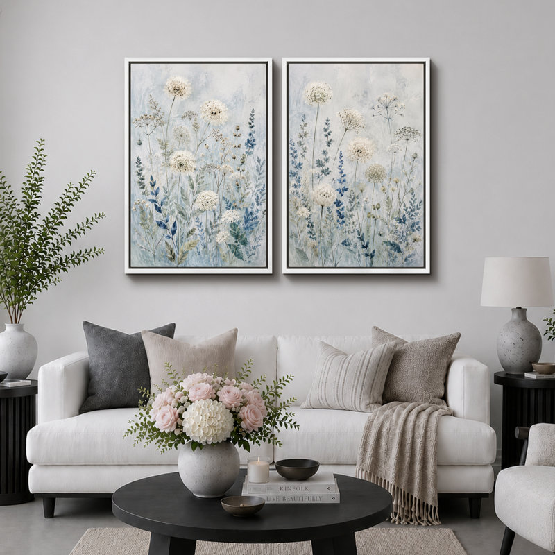Art floral bleu doux, images de chambre à coucher, impression sur toile encadrée, 2 pièces, 24" H x 32" W x 1.5" D