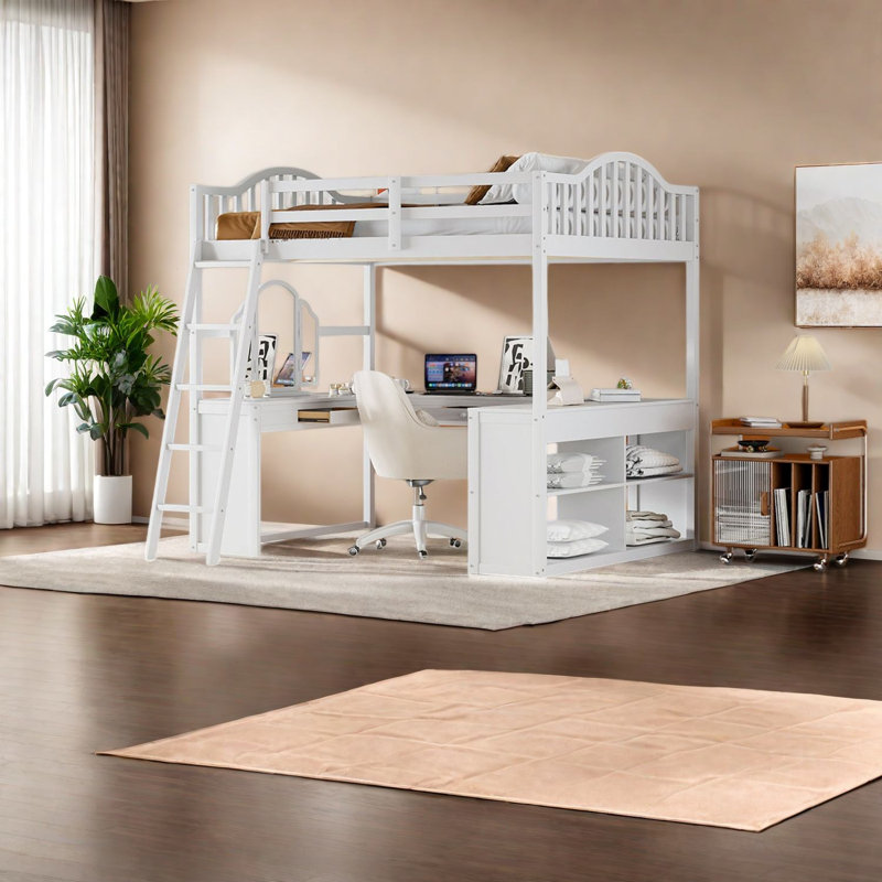 Lit mezzanine double avec rangement peu encombrant, bureau en bois aggloméré moderne
