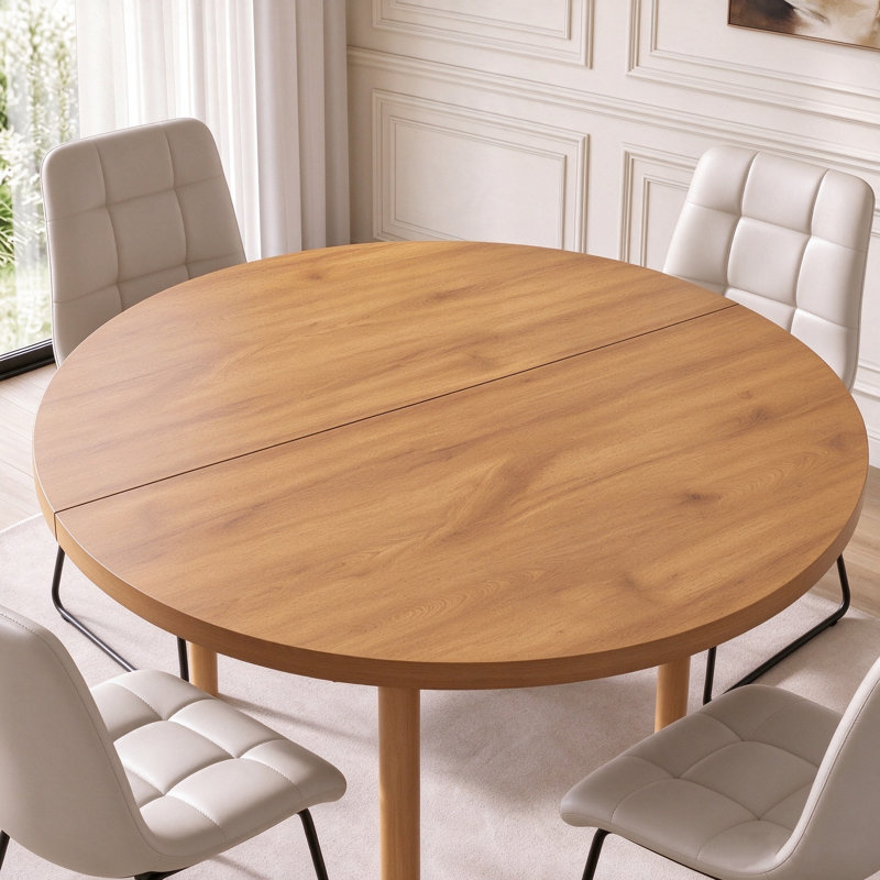 Ensemble de table et de chaises rondes pour 4 personnes, de style moderne, aspect bois, avec 4 chaises rembourrées avec piètement en traîneau. Économisez de l'espace idéal pour les petits espaces.