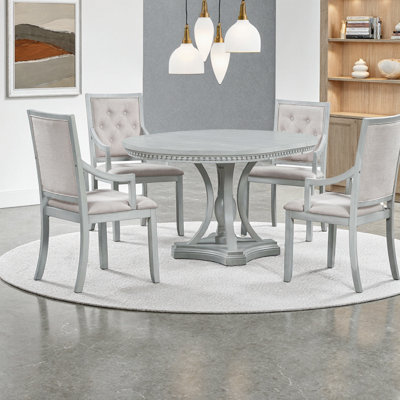 Retro 5-Piece Extendable Round Dining Set – 42” to 58” Drop-Leaf Table with 4 Upholstered Chairs for Kitchen, Dining Room – Antique Gray Oak Finish, Fluted Dentil Edge, Corbel Base – Farmhouse Dinette