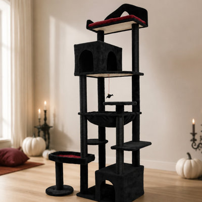 Arbre à chat noir gothique, arbre à chat Spooky multi-niveaux avec poteaux à griffer, perchoirs, hamac et grotte de chat - Tour de chat noir pour chats d'intérieur avec jouet interactif, parfait pour plusieurs chats