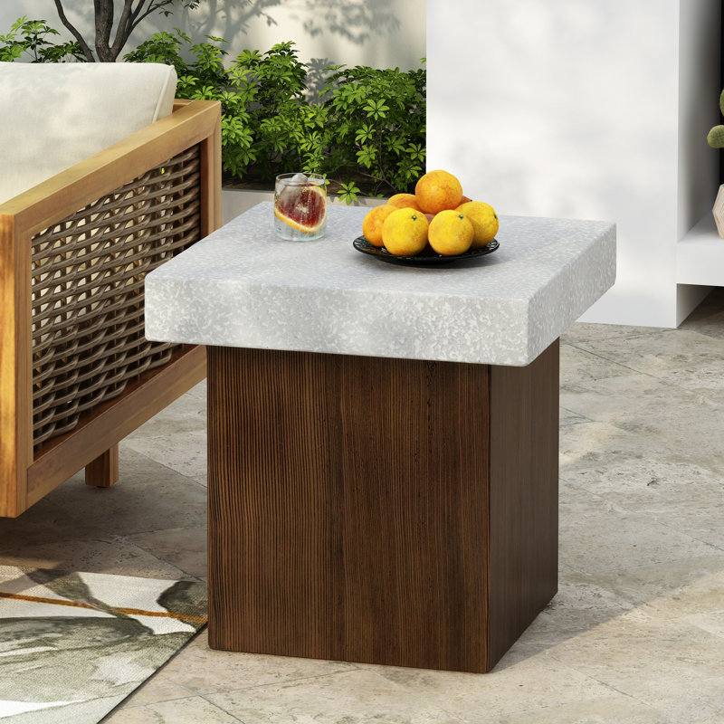 Table d'appoint avec design carré, blanc antique et naturel, table multi-oxydes de magnésium, simili pierre et textures de bois, naturel