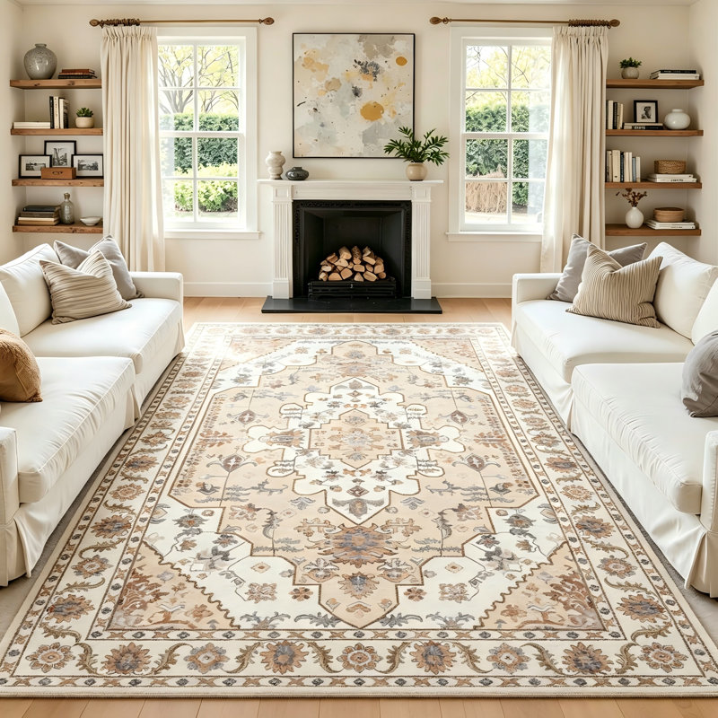 Vintage Persian Area Rug 8x10, Neutral Beige Floral Indoor Carpet, Washable Durable Rug for Living Room, Bedroom, Hallway, Farmhouse Decor