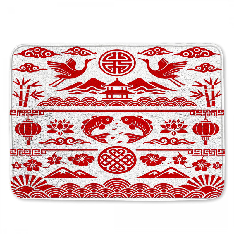 Tapis de bain rouge à motif asiatique, 34in W x 21in L