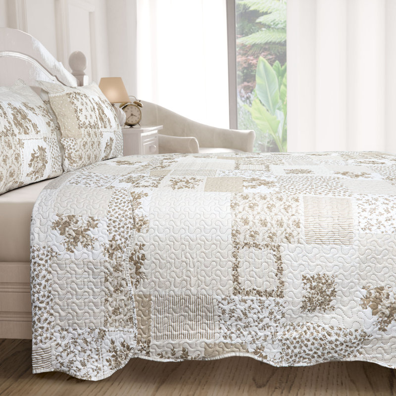 Canadice Polyester Patchwork Bedspread with Pillow Shams Included, Single - 1 Standard Sham, Natural