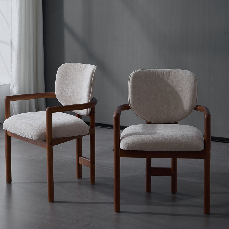 Ensemble de 2 chaises de salle à manger rembourrées avec accoudoirs en bois d'hévéa et tissu beige, capacité de poids de 300 lb