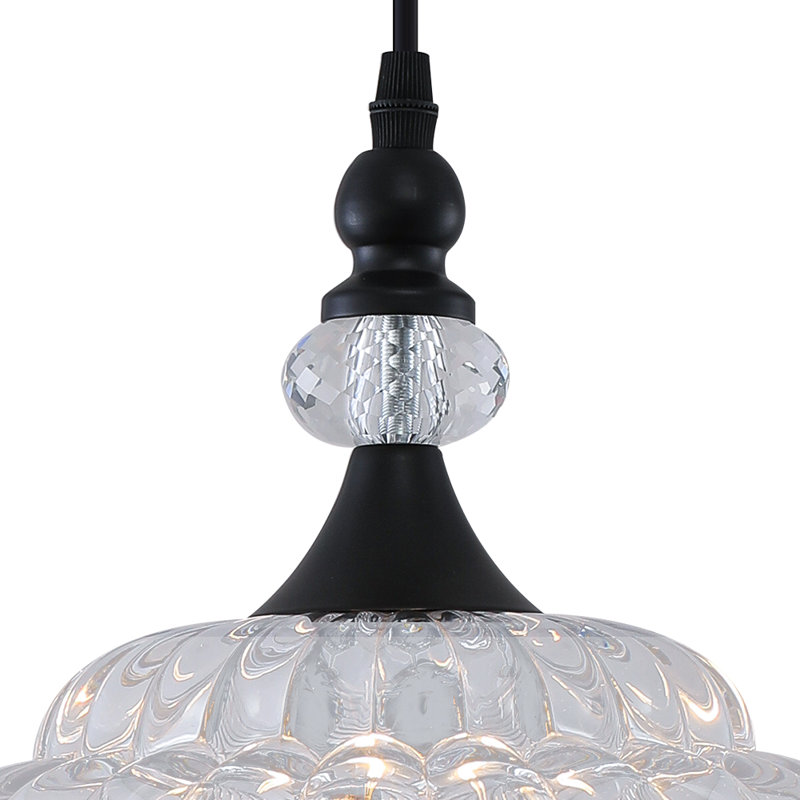 Luminaire suspendu en forme de dôme à 1 lumière de 9,84 po de large avec abat-jour en verre pétale avec cordon, Noir