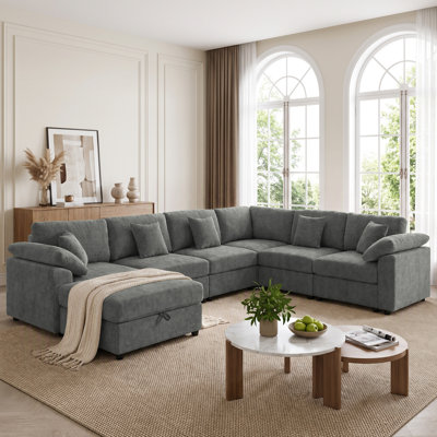144" 7-Piece Modular Chenille Sectional Sofa With Ottoman, Wide Deep Seat