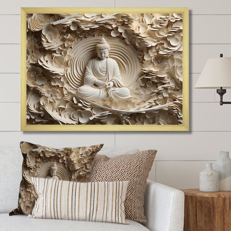 Simple bouddhisme Statue I - art mural bouddhisme pour le salon, Impression encadrée, H 30 po x l 40 po, Doré