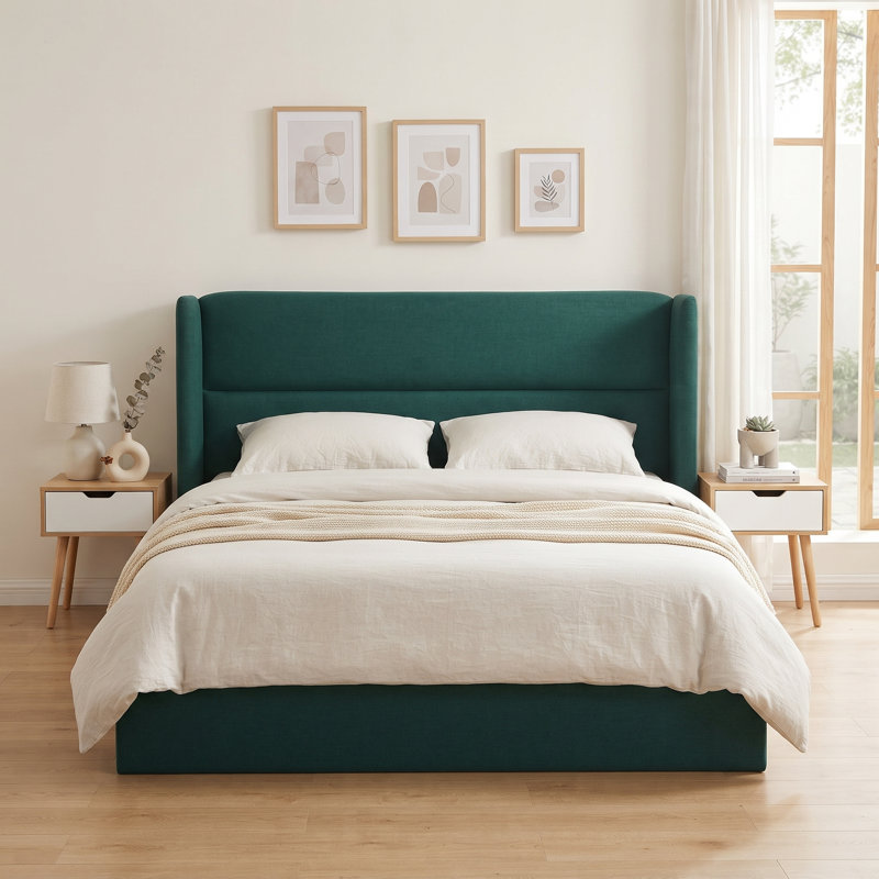 Structure de lit tapissier Annek avec rangement relevable, tête de lit à oreilles de H 40,9 po, lattes de bois et structure en métal, plusieurs tailles et options de tissu disponibles