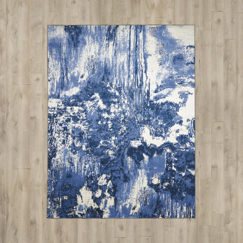 Haseltine Abstract Blue/Ivory White Area Rug, Rectangle 7'9" x 9'9"