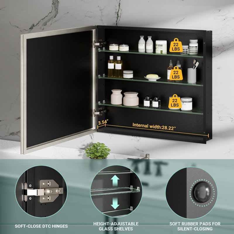 Belwood Recessed or Surface Framed Medicine Cabinet with Beveled Mirrors, Soft-Close Doors & Adjustable Glass Shelves