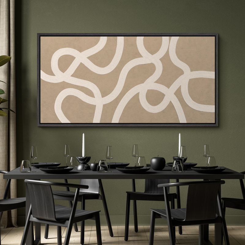 White Abstract Lines on Beige Modern Art, 30" H x 60" W, Black