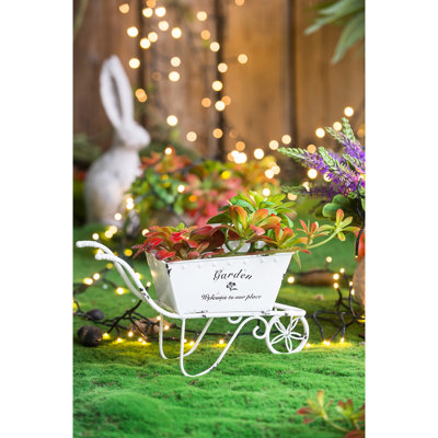 Antique White Distressed Iron Wheelbarrow Planter Of 11.5X4x7 Inches, Suitable For Displaying Small Faux Flowers On Countertop Fresh Florals