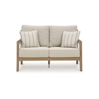 Karo Outdoor Loveseat, 53 Inch, 2 Accent Pillows, Beige Nuvella Fabric
