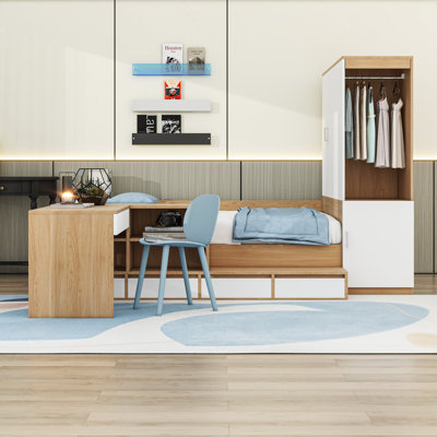 Lit plateforme double en bois avec 6 tiroirs, tablettes, bureau, armoire et station de charge