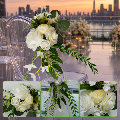 Élégantes fleurs artificielles en étain pour mariage - Rose blanche et décoration de chaise eucalyptus, paquet de 10, blanc, ton neutre et ruban blanc pur, bouquet - 14 cm