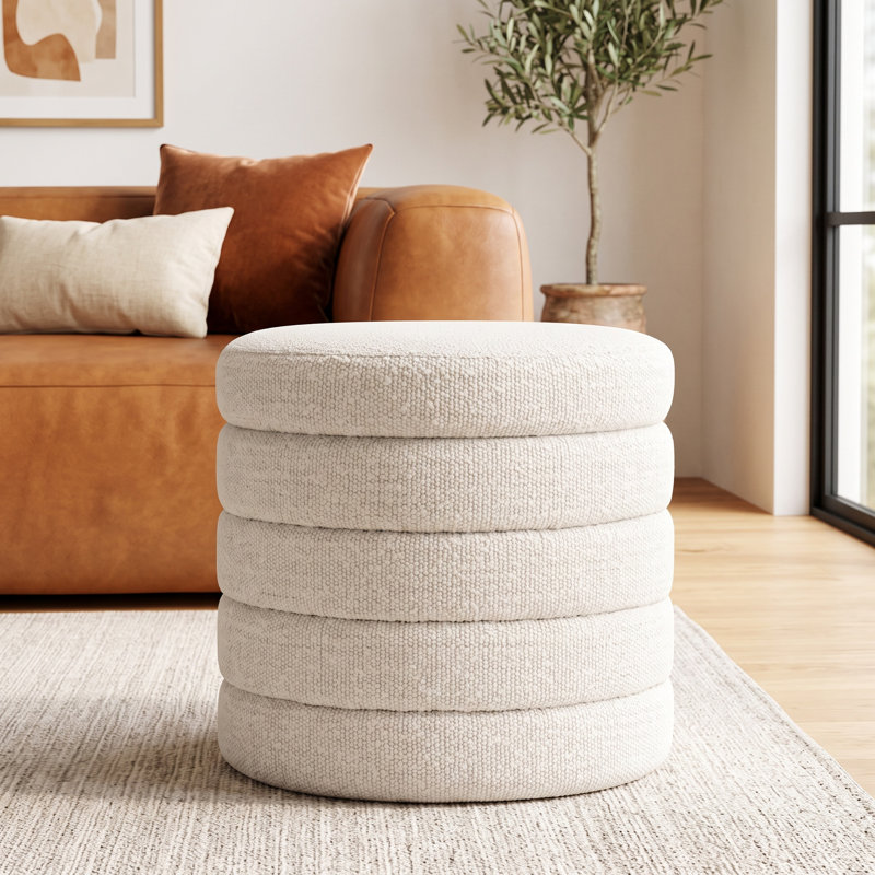 Neroli Upholstered Round Storage Ottoman, Merino Pearl Performance Tweed