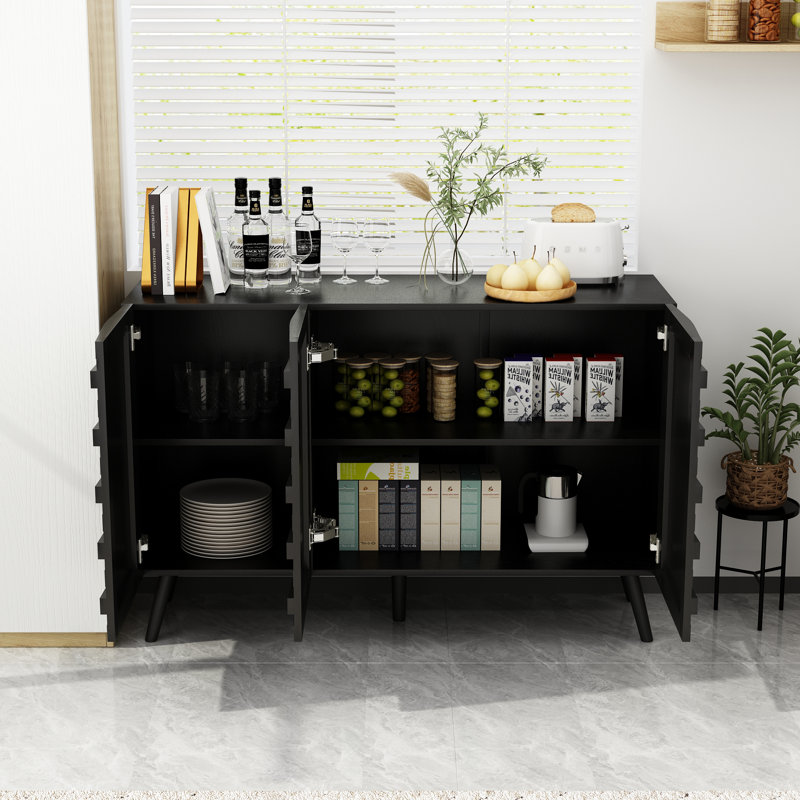 Modern 3-Door Storage Cabinet With Carved Doors & Wooden Legs, Black