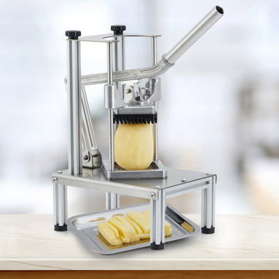 Commercial vegetable fruit chopper with tray, heavy duty french fry cutter with 4 stainless steel blades (1/4", 3/8", 1/2" & 6-wedge), manual potato cutter for yam onion carrot.