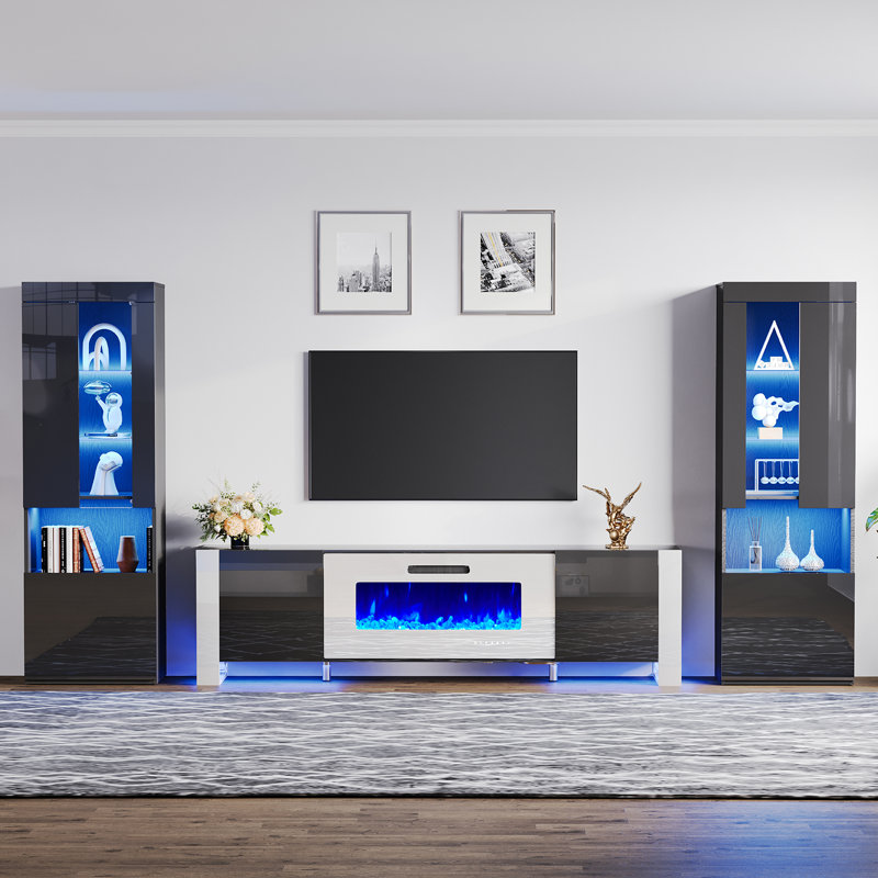 Bhhatu Entertainment Center with Electric Fireplace, 80", Black/White