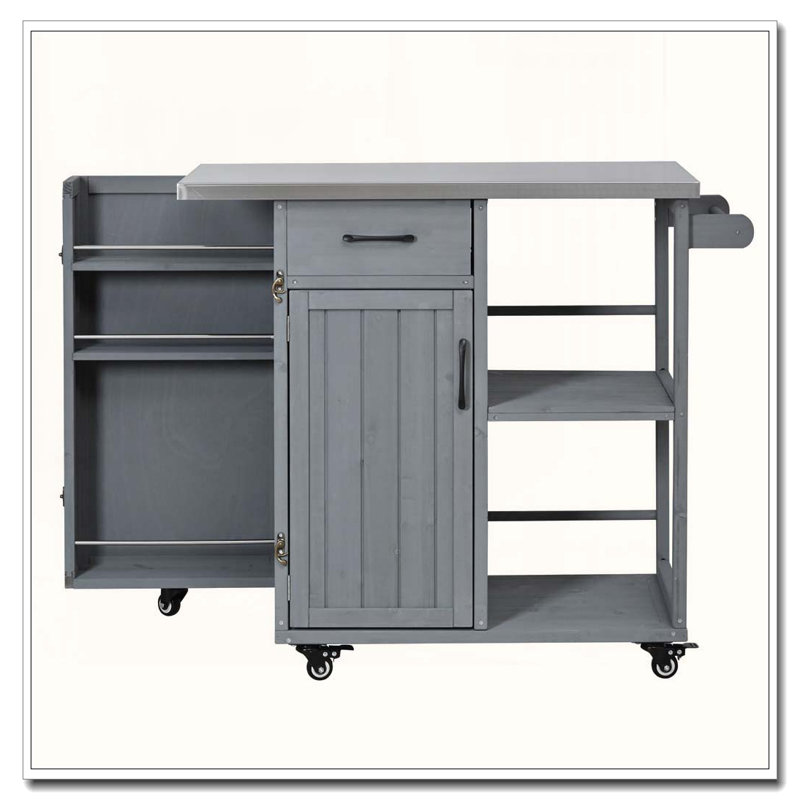 Outdoor Kitchen Island Fir Wood Prep Station Lockable Kitchen Cart with Stainless Top, Ample Storage Space, Grey