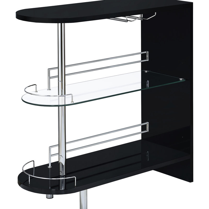 Table de salle à manger noire ultra brillante 2 avec rangement pour bouteilles de vin, surface en verre, hauteur de 41,05 po, largeur de 39,5 po, profondeur de 16,04 dans la pièce, et métal, hauteur, profondeur, couleur principale argentée