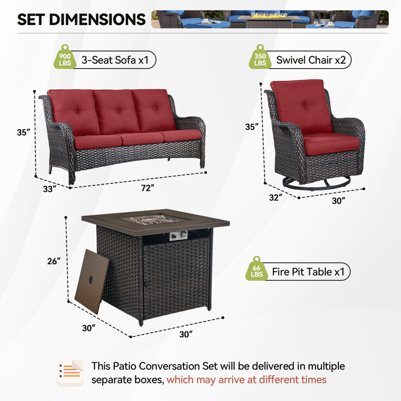 Carolina 5 - Person Sofa Seating Group With Fire Pit With Swivel Glider Chairs And Cushions, Red