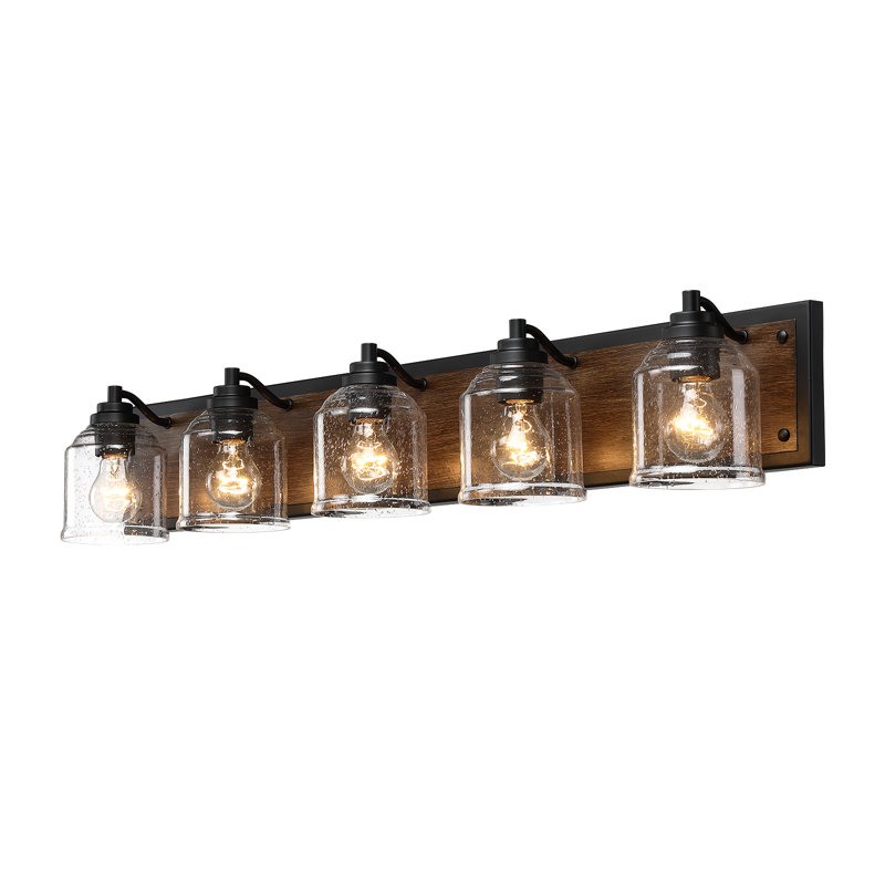 Éclairage de salle de bain 40 po à 5 lumières de style campagnard en faux grain de bois avec abat-jour en verre bullé pour salle de bain et miroir