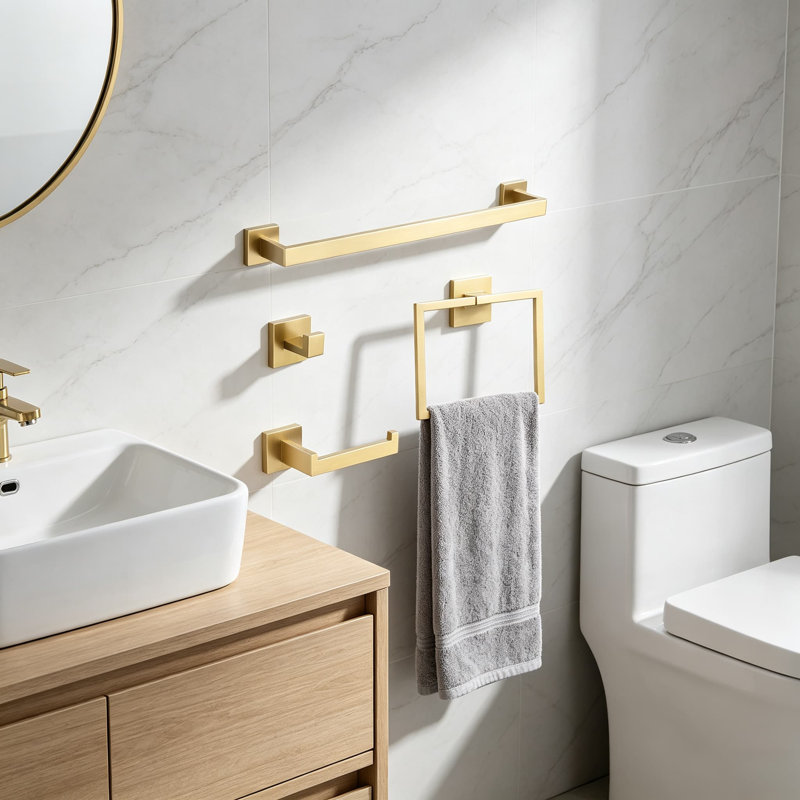 Premium Brushed Gold Bathroom Hardware Set - 4-Piece Stainless Steel Wall Mounted Towel Bar Kit with Square Design for Modern Bathrooms