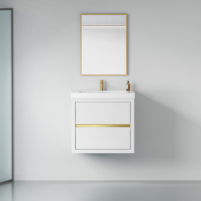 Meuble-lavabo de 24 po avec lavabo, blanc brillant. Pré-assemblé pour faciliter l'installation. Rangement en U Utilisation efficace. Tiroirs à fermeture en douceur, fonctionnement silencieux. Comptoir en résine de pierre. - Bois