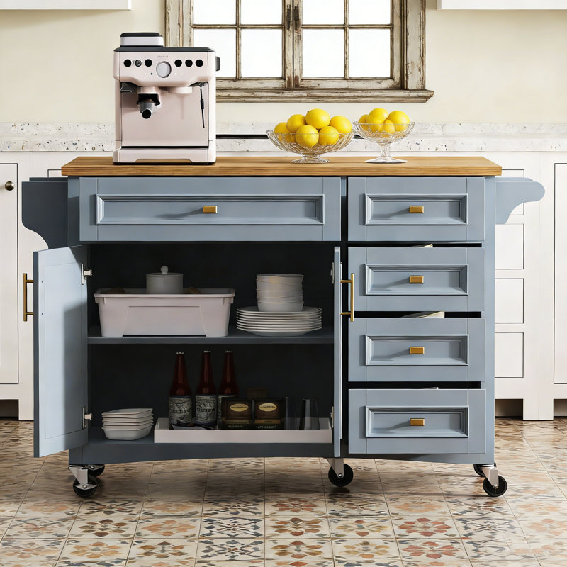 52-Inch Mobile Kitchen Island with Drop Leaf, Adjustable Shelf, and Ample Storage for Modern Kitchens., Blue Grey