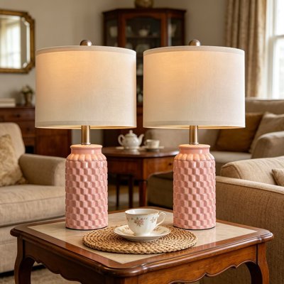 20.5 Inch Small Bedside Lamps Set of 2, Pink Ceramic Modern Farmhouse Table Lamps with 5FT Cord, 3D Honeycomb Texture and Linen Shade for Nightstand, Living Room, Bedroom