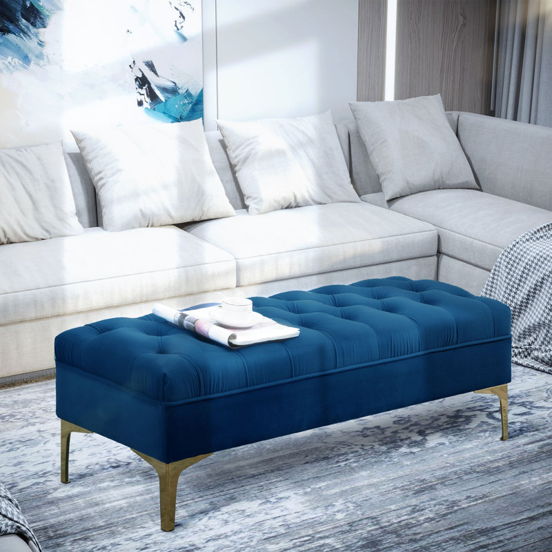 Banc rembourré en velours capitonné à boutons pour chambre à coucher, Bleu