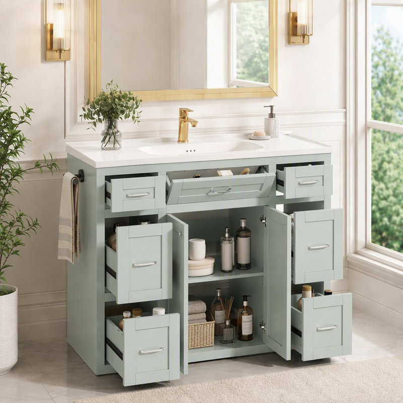 Meuble-lavabo simple 48 po avec comptoir en pierre, Vert menthe