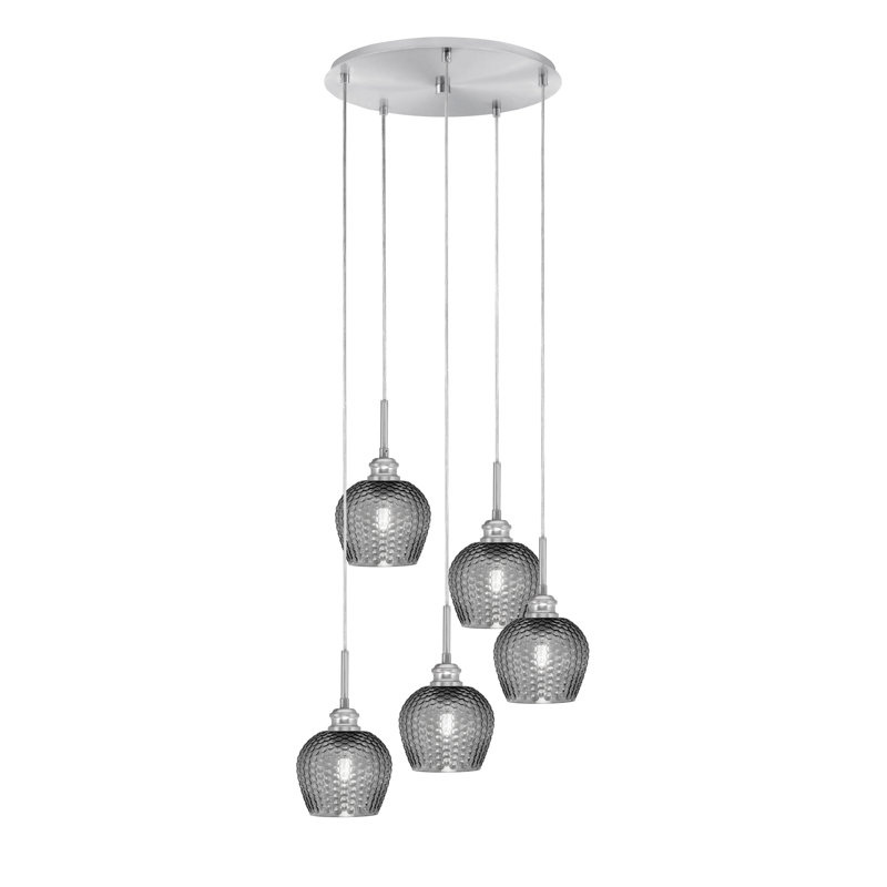Luminaire suspendu grappe 5 lumières avec verre de 6 po Edge, Fumée texturée, Nickel brossé