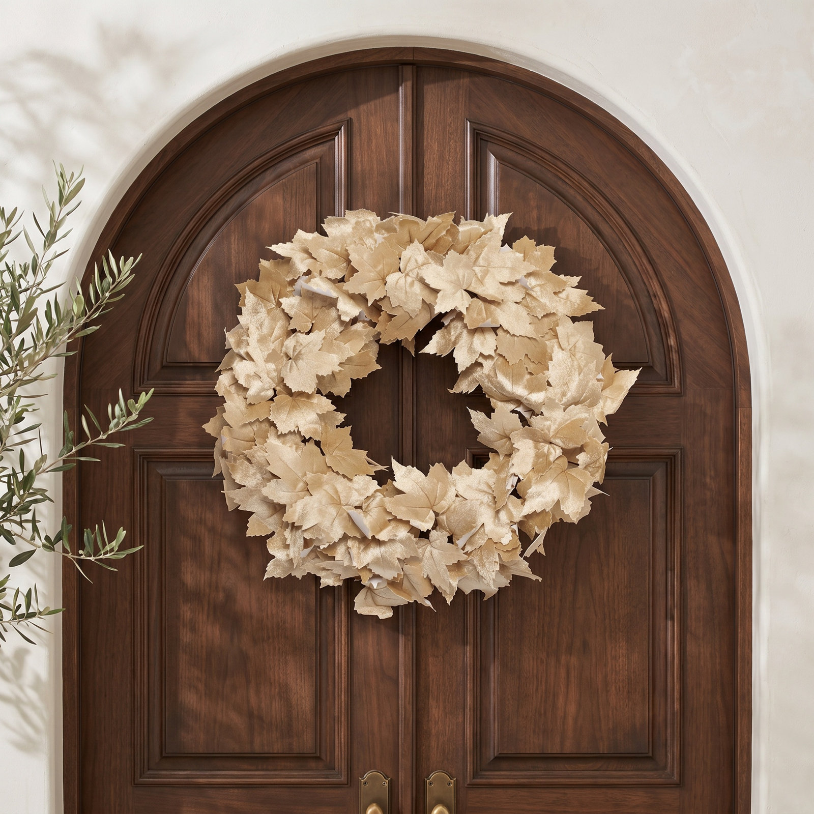 Cream Beige Soft Touch Velvet Maple Leaf 22" Neutral Fall Mantle Wreath