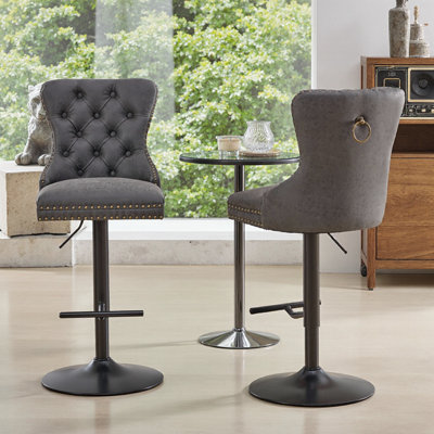 Retro PU Swivel Bar Stools Set of 2, Adjustable Height 26-33" with Tufted Back, Olive Green, American Design