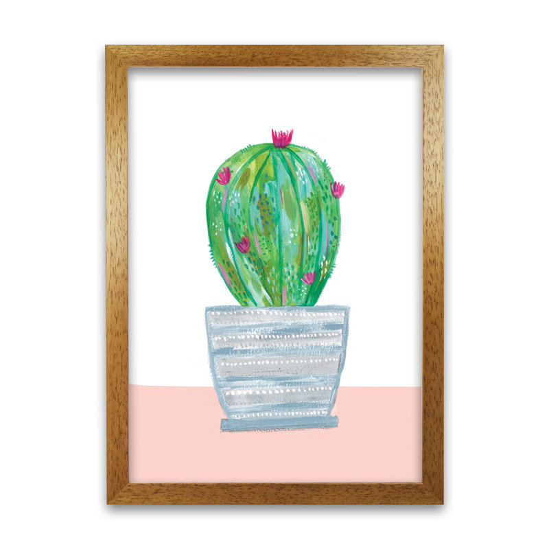 Painted Cactus In Blue Stripe Plant Pot by Laura Irwin - Print, Oak Framed, 59.4cm H x 42cm W x 3cm D