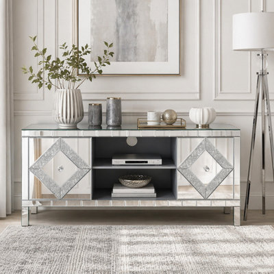 Meuble télé en miroir pour téléviseur de 65 pouces et plus avec rangement ouvert et armoires