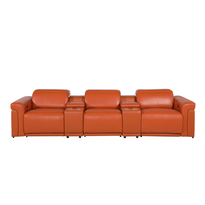 5-Piece 3-Power Reclining Italian Leather Sofa With Power Headrest, Camel