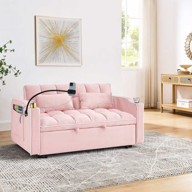 Canapé-lit convertible 3 en 1 avec dossier inclinable, canapé-lit avec coussins, Velours rose pastel