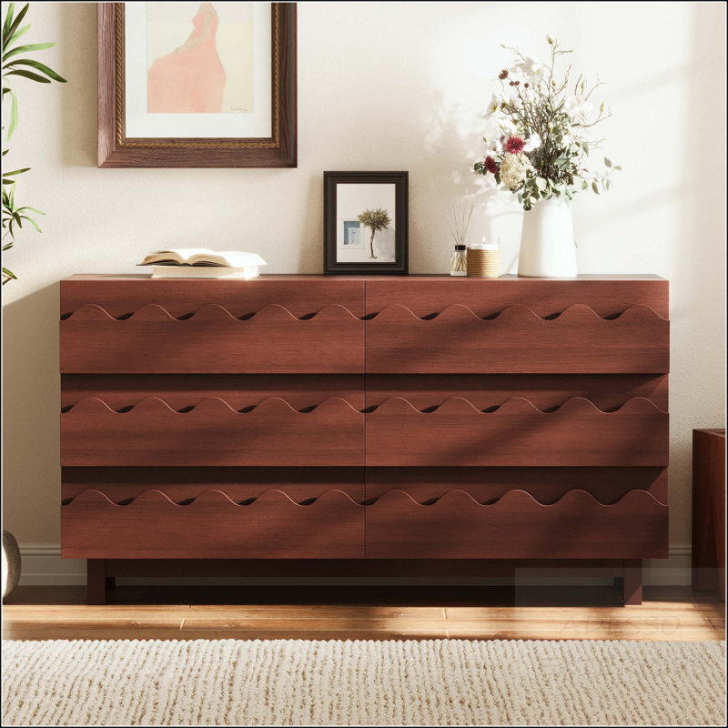 6-Drawer Dresser with Wave Front Design - Anti-Tip Safety, Walnut