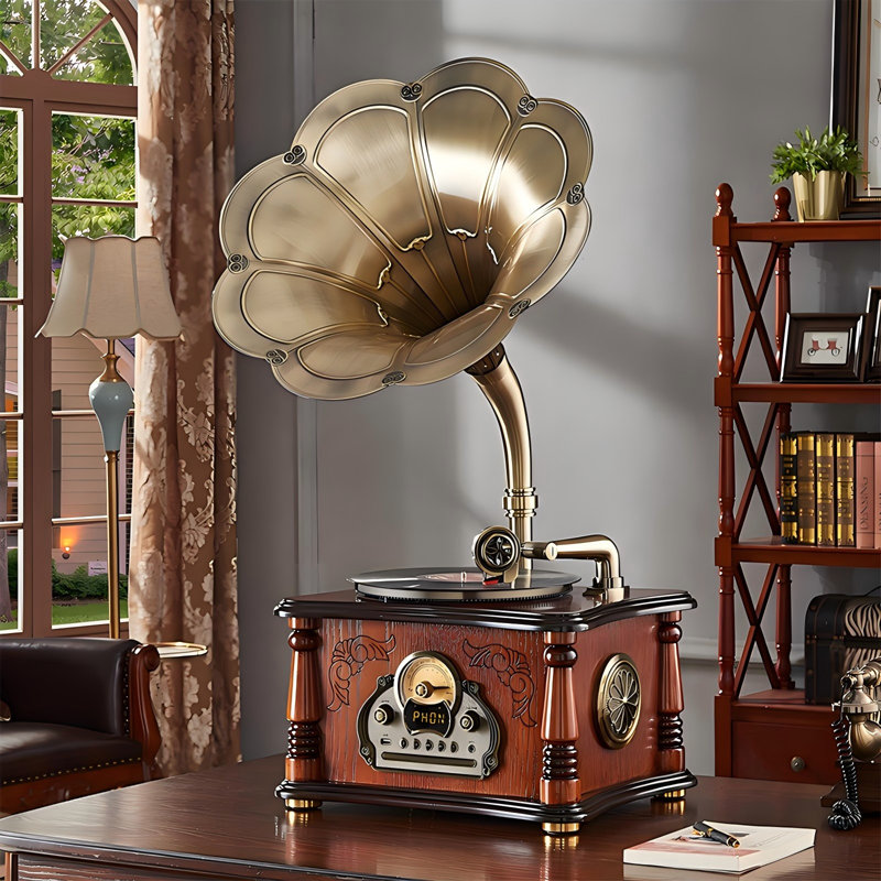 Retro Brown Record Player with Bluetooth Speaker Integrated Phonograph and CD Playback