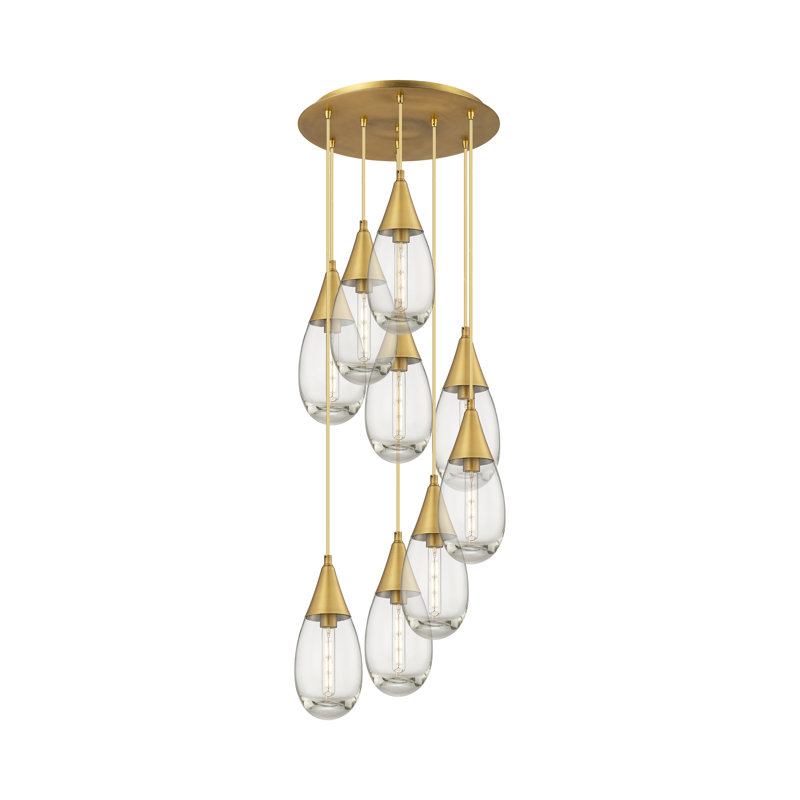 Luminaire suspendu à 9 lumières en grappe, Laiton brossé, Transparent