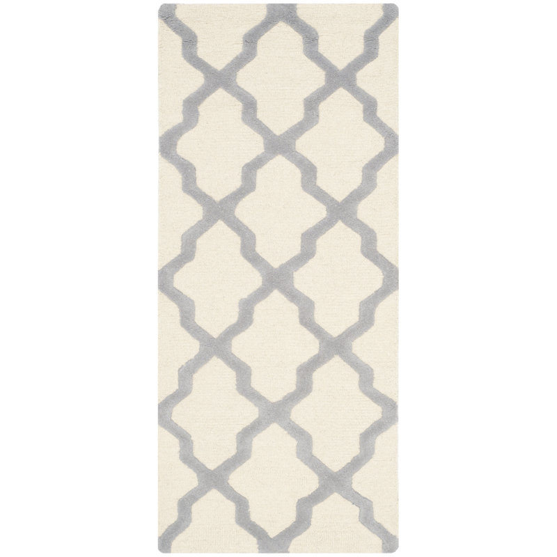 Cannen Hand Tufted Wool Geometric Rug, Runner 2'6" x 6', Ivory/Silver